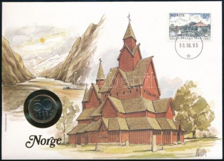 Norvégia 1987. 50ö Cu-Ni felbélyegzett borítékban, bélyegzéssel, német nyelvű leírással T:1- patina, kis ph Norway 1987. 50 Öre Cu-Ni in envelope with stamp, cancellation and a prospectus in german C:AU patina, small edge error