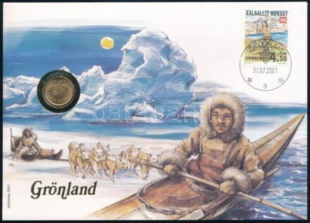 Grönland, benne Dánia 1996. 25ö felbélyegzett borítékban, bélyegzéssel, német nyelvű leírással T:1 Greenland with Denmark 1996. 25 Öre coin in envelope with stamp and cancellation, with German description C:UNC