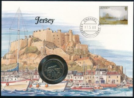 Jersey 1988. 10p Cu-Ni felbélyegzett borítékban, bélyegzéssel, német nyelvű leírással T:1 Jersey 1988. 10 Pence Cu-Ni in envelope with stamp, with German description C:UNC
