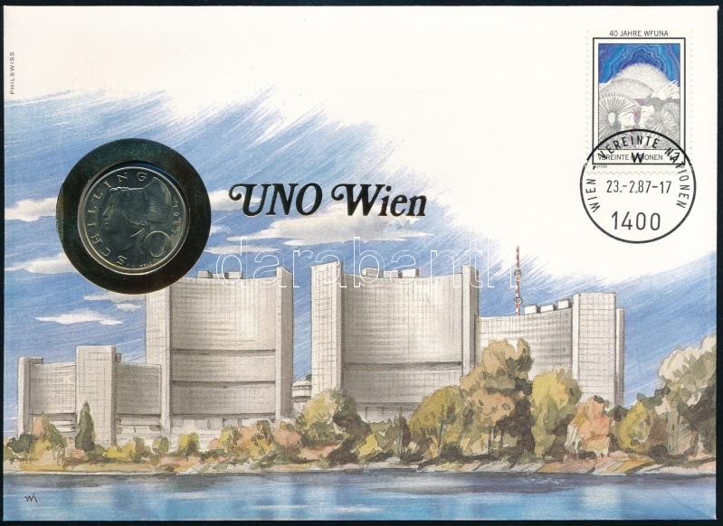 Ausztria 1987. 10Sch, felbélyegzett borítékban, bélyegzéssel, német nyelvű leírással T:1 Austria 1987. 10 Schilling in envelope with stamp and cancellation, with German description C:UNC