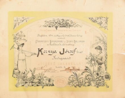 1914 Elismerő oklevél kertészeti kiállításon elért eredményért, sérült