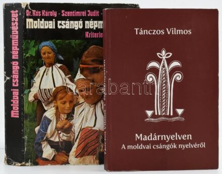 2 db csángó néprajzi könyv: Dr. Kós Károly, Szentimrei Judit, Dr. Nagy Jenő: Moldvai csángó népművészet. Bukarest, 1981, Kriterion. Fekete-fehér és színes képekkel illusztrálva. Kiadói egészvászon-kötés, sérült, kopott