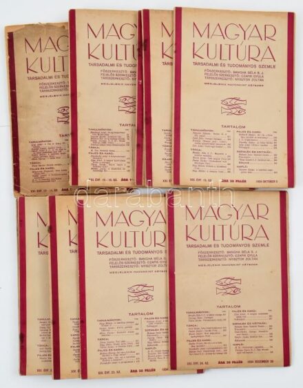 1934 Magyar Kultúra társadalmi és tudományos folyóirat 12 db száma, XXI. évf. 13-24. sz. (II. fél évfolyam), 1934. júl. 5. - dec. 20., szerk.: Bangha Béla. Vegyes állapotban, helyenként sérült, foltos.