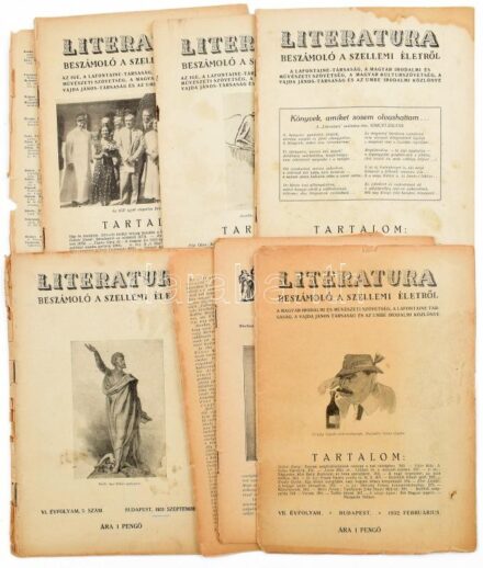 1931-1933 Literatura irodalmi-művészeti folyóirat 5 db száma (VI., VII., VIII. évf.), vegyes állapotban, közte sérült, foltos, egy lejáró címlappal