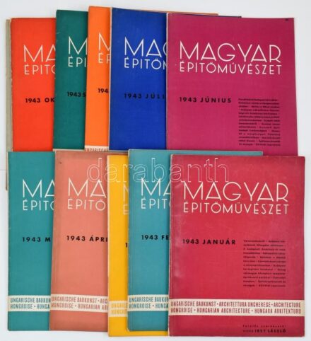 1943 A Magyar Építőművészet c. folyóirat teljes évfolyama (12 szám), 1943. január-december. Szerk.: vitéz Irsy László. Bp., Athenaeum-ny. Fekete-fehér képekkel, korabeli hirdetésekkel. Vegyes állapotban, néhány számon kisebb