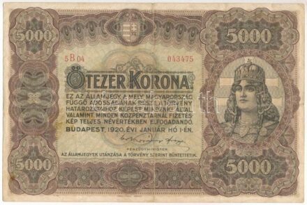 1920. 5000K 'Orell Füssli Zürich' nyomdahely jelöléssel, piros '5B04 043475' sorszámmal T:III folt, kis szakadás Adamo K38