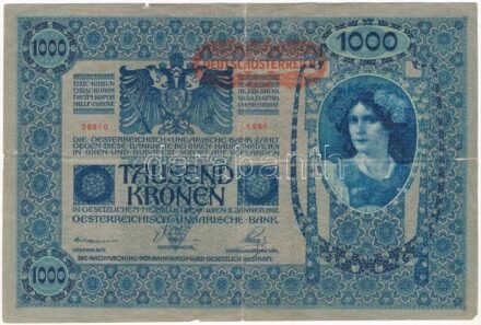 Ausztria 1919. (1902) 1000K, 2. kiadás, vízszintes 'DEUTSCHÖSTERREICH' felülbélyegzéssel, mindkét oldal német, rajzos hátlappal T:III szakadás, kis anyaghiány Austria 1919. (1902) 1000 Kronen, 2nd issue, with horizontal