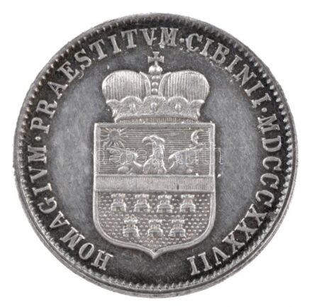 1837. 'Nagyszeben hódolata I. Ferdinándnak' Ag koronázási zseton.'FERDINANDO A I REGI HVNG M P TRANSYLVANIAE / HOMAGIVM PRAESTITVM CIBINII MDCCCXXXVII' (5,47g/20mm) T:1- kis patina 1837. 'Homage of Nagyszeben to Ferdinand I' Ag coronation