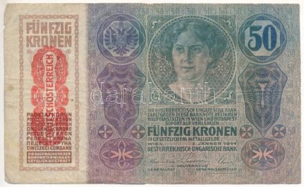 1914. 50K függőleges, piros 'DEUTSCHÖSTERREICH' felülbélyegzéssel T:III folt, kis szakadások Adamo K24M