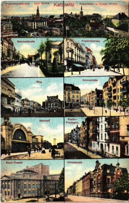 Katowice, Kattowitz; Friedrichstraße und kath. Kirche, evangl. Kirche, Bahnhofstraße, Ring, Emmastraße, Bahnhof, Gustav-Freytagstr., Stadt-Theater, Holteistraße / street view, Catholic church, Lutheran church, railway station, tram, theatre (EK)