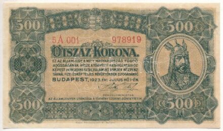 1923. 500K '5A 001 978919' 'Magyar Pénzjegynyomda Rt. Budapest' nyomdahely jelöléssel T:III Adamo K34