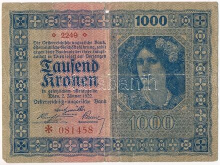 Ausztria 1922. 1000K T:III- szakadás, anyaghiba Austria 1922. 1000 Kronen C:VG tears, material error Krause P#78