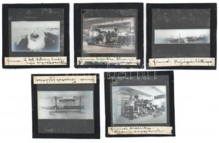 cca 1910 Fiume hadihajó gyár: a Szent István vízrebocsátása, fiumei kiállítás, hajógyár, 6 db üvegnegatív / Fiume 6 glass photo slides of the ship factory, St. István Hungarian warship and others