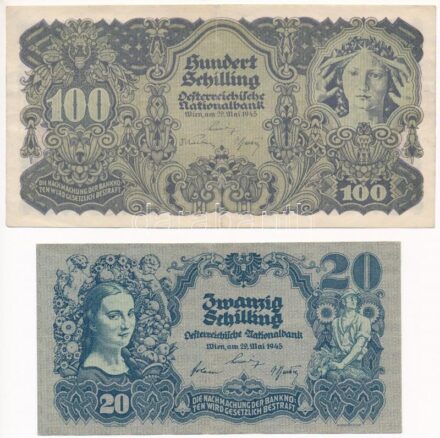Ausztria 1945. 20Sch '1083 51062' + 100Sch '1176 64405' T:III szép papír Austria 1945. 20 Schilling '1083 51062' + 100 Schilling '1176 64405' C:F nice paper