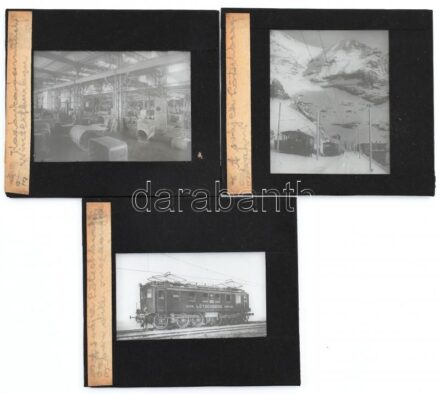 cca 1910 Svájc 3 db vonat üveg dia: Kazánkovács műhely Winterthurban, Lötschbergbahn mozdony / Switzerland railways locomotives 3 glass photo slides 9x9 cm