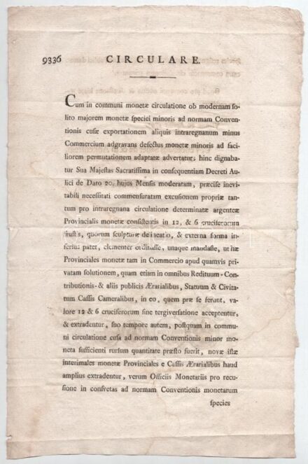 Ausztria 1795. 'Körlevél az 1795-ben kiadott 6 és 12 krajcáros érmék forgalomba helyezéséről' latin nyelven, metszetekkel, kissé foltos, többször hajtott, rajta kis bevágás Austria 1795. 'Circular on the circulation of the 6 and 12