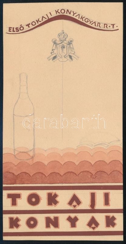 Tokaji konyak reklám- vagy címketerv, 1930 körül. Akvarell, ceruza, papír. Jelzés nélkül, feltehetően Galambos Margit (?-?) grafikus alkotása. 15x7,5 cm