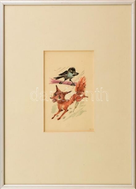 Róna Emmy (1904-1988): Mese illusztráció. Akvarell, tus, papír, jelzés nélkül, üvegezett keretben, 12,5x7,5 cm