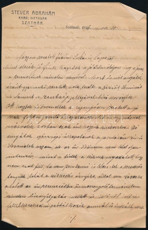 1916 Szatmár, Steuer Ábrahám rabbi, saját kezű levele fiának / Ábrahám Steuer rabbi's letter