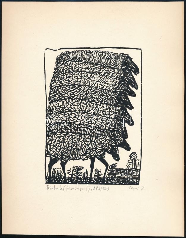 Perei Zoltán (1913-1992): Birkák. Linómetszet, papír, jelzett, számozott (183/200), 15×10,5 cm