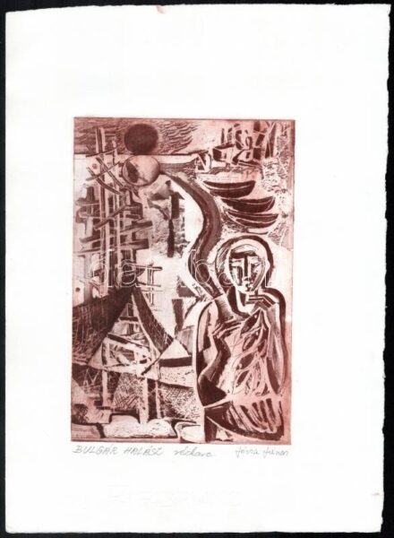 Józsa János (1936-2016): Bulgár Halász. Rézkarc, papír, jelzett, 21×14,5 cm