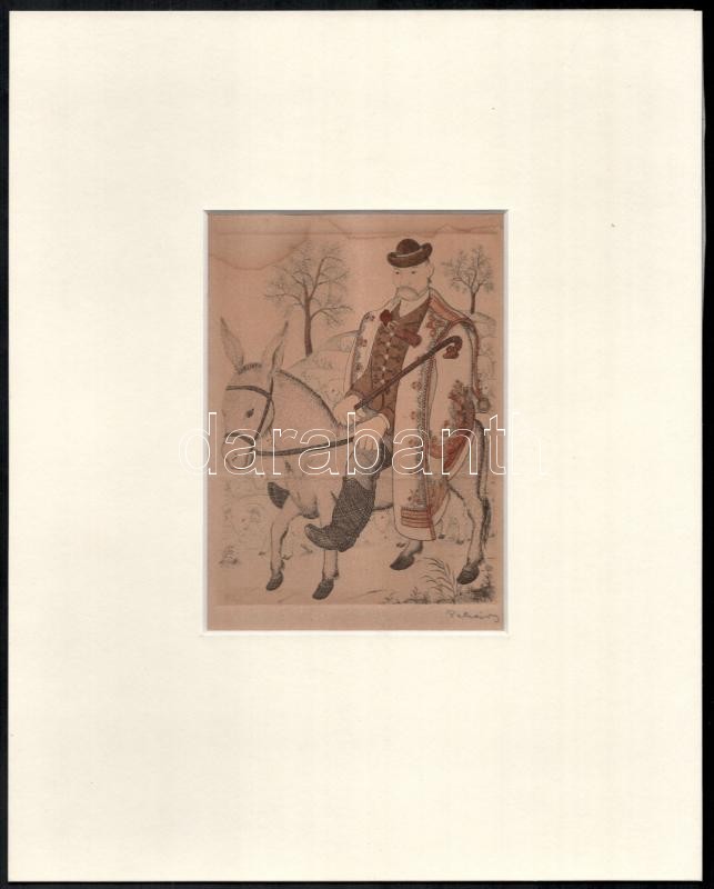 Pekáry István (1905-1981): Szamárháton. Rézkarc, akvarell, papír. Jelzett. Lap teteje foltos. Paszpartuban. 13,5x9,5 cm
