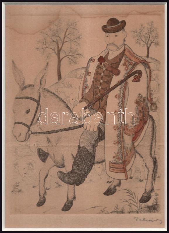Pekáry István (1905-1981): Szamárháton. Rézkarc, akvarell, papír. Jelzett. Lap teteje foltos. Paszpartuban. 13,5x9,5 cm - Image 2