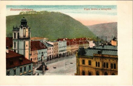 Besztercebánya, Banská Bystrica; Urpin levéve a toronyból, Steiner és Löwy, Fischer Alajos üzlete. Walther Adolf és Társai kiadása / Urpín mountain, general view, shops