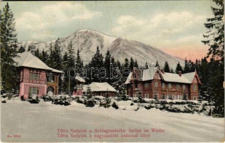 Tátraszéplak, Tatranska Polianka, Westerheim (Magas-Tátra, Vysoké Tatry); Tátra-Széplak a Nagyszalóki-csúccsal télen. Franz Pietschmann No. 2662. / Tátra Széplak u. Schlagendorfer Spitze im Winter / holiday resort and mountain peak in