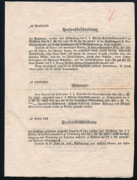 1850 Szabadságharcos honvédokat kőröző levél, személyleírásokkal 4p