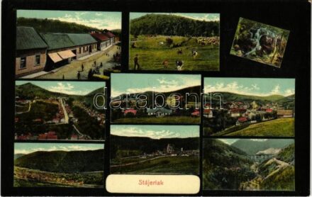 Stájerlak, Steierlak, Stájerlakanina, Steierdorf, Anina; Fő utca, tehenek, vízesés, látkép, vasúti híd, viadukt, gőzmozdony. Scheitzner Ignác kiadása / main street, cattle, waterfall, general view, railway bridge, viaduct, locomotive