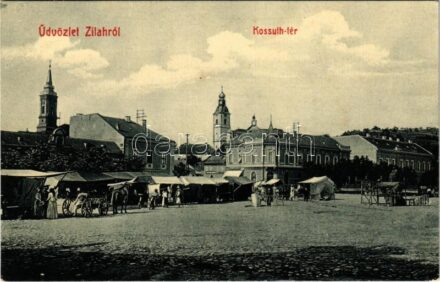 Zilah, Zalau; Kossuth tér, Római katolikus templom, Református templom, piac, bódék, üzletek. W.L. Bp. 2334. Kiadja a 'Szövetség' könyvnyomda / square, Catholic church, Calvinist church, market vendors, booths, shops