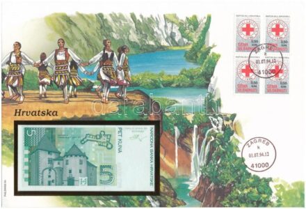 Horvátország 1993. 5K felbélyegzett borítékban, bélyegzéssel T:I Croatia 1993. 5 Kuna in envelope with stamp and cancellation C:UNC
