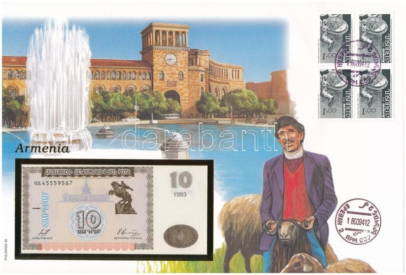 Örményország 1993. 10D felbélyegzett borítékban, bélyegzéssel T:I Armenia 1993. 10 Dram in envelope with stamp and cancellation C:UNC