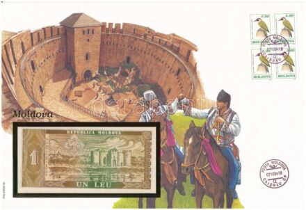 Moldova 1992. 1L felbélyegzett borítékban, bélyegzéssel T:I Moldova 1992. 1 Leu in envelope with stamp and cancellation C:UNC