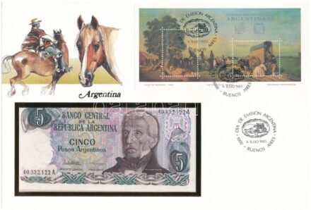 Argentína 1983-1984. 5P felbélyegzett borítékban, bélyegzéssel T:I Argentina 1983-1984. 5 Pesos in envelope with stamp and cancellation C:UNC
