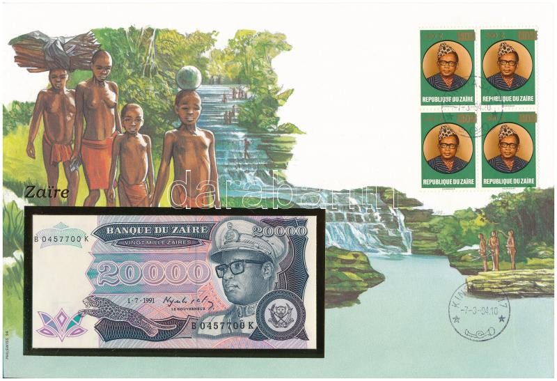 Zaire 1991. 20.000Z felbélyegzett borítékban, bélyegzéssel T:I Zaire 1991. 20.000 Zaires in envelope with stamp and cancellation C:UNC