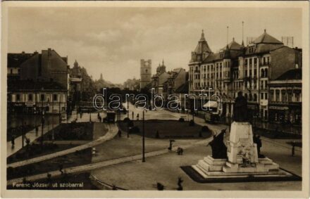 Debrecen, Ferenc József út szoborral, Frank Rezső üzlete, villamos