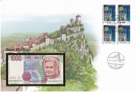 San Marino 1990. 1000L felbélyegzett borítékban, bélyegzéssel T:I San Marino 1990. 1000 Lire in envelope with stamp and cancellation C:UNC