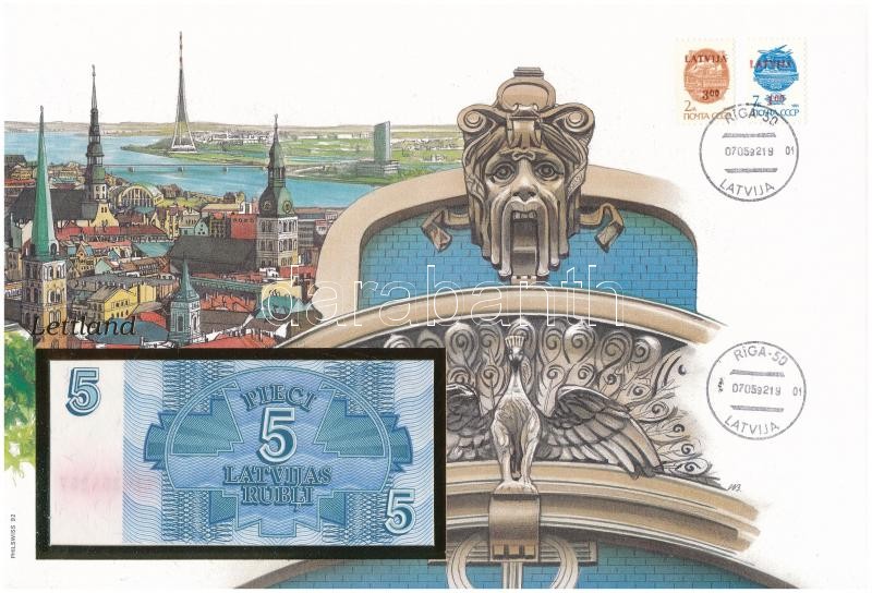 Lettország 1992. 5R felbélyegzett borítékban, bélyegzéssel T:I Latvia 1992. 5 Rublis in envelope with stamp and cancellation C:UNC