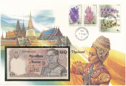 Thaiföld 1980. 10B felbélyegzett borítékban, bélyegzéssel T:I Thailand 1980. 10 Baht in envelope with stamp and cancellation C:UNC