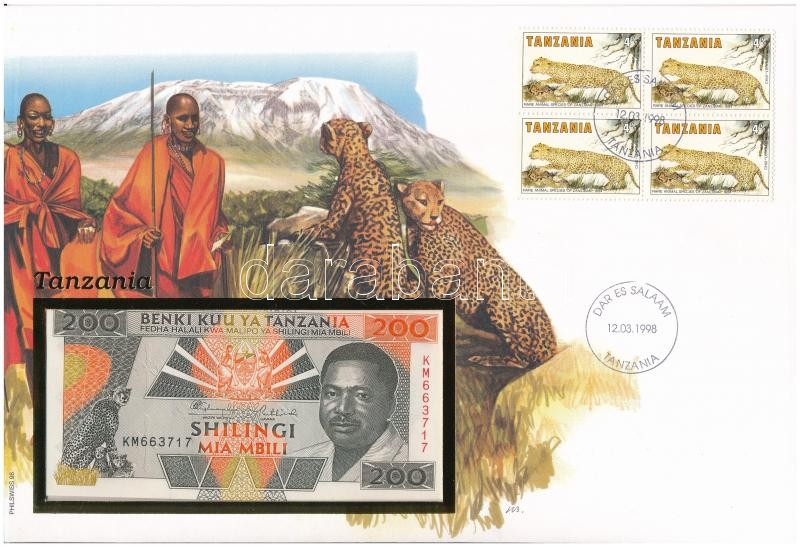 Tanzánia 1993. 200Sh felbélyegzett borítékban, bélyegzéssel T:I Tanzania 1993. 200 Shilingi in envelope with stamp and cancellation C:UNC