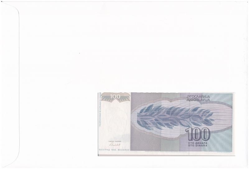 Jugoszlávia 1992. 100D felbélyegzett borítékban, bélyegzéssel T:I Yugoslavia 1992. 100 Dinara in envelope with stamp and cancellation C:UNC - Image 2