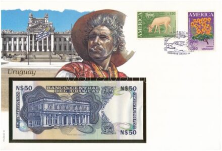 Uruguay 1989. 50P borítékban, alkalmi bélyeggel és bélyegzéssel T:I Uruguay 1989. 50 Pesos in envelope with stamps and cancellations C:UNC