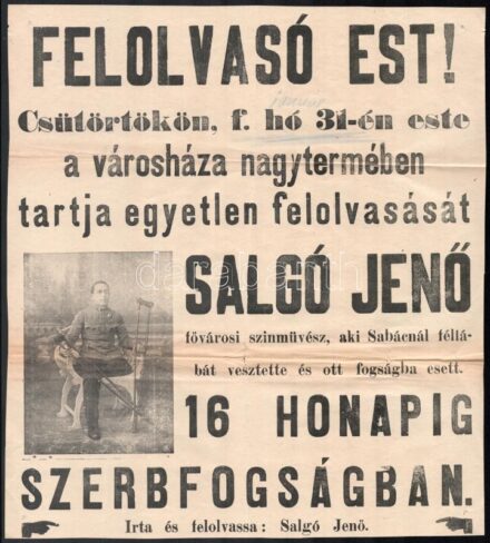 cca 1916 Felolvasó est hadirokkant színész szerbiai hadifogság élményeiről tartott előadás plakátja 30x32 cm