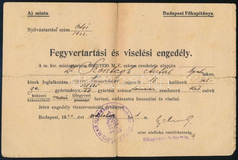 1922 Fegyvertartási és viselési engedély