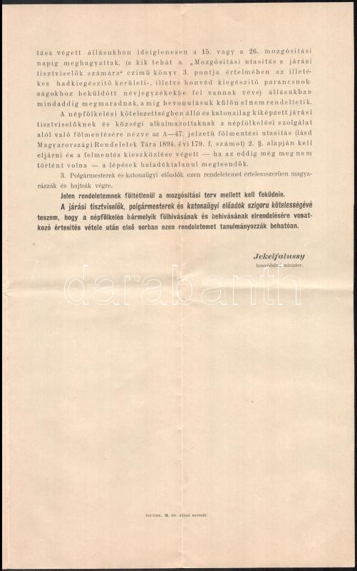 1909 Jékelfalussy honvédelmi miniszer bizalmas felhívása a honvéd kerületekhez, esetleges háború esetére foganatosítandó intézkedésekről. Behívási rend, nyomtatványok 4 p. - Image 3
