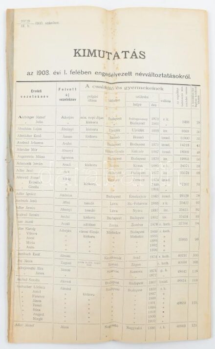 1903 Kimutatás az évben engedélyezett névváltoztatásokról vallási felekezet és állás feltüntetésével 58p.