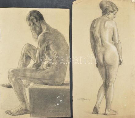 Kézdi-Kovács Lóránt (1897-1916), 2 db mű: Álló női akt és férfi akt, 1913-14. Szén, papír, mindkettő jelzett. Proveniencia: a művész hagyatéka. Mindkettő kiebb lapszéli sérülésekkel, kissé foltos. 61x33 és 56x34,5 cm