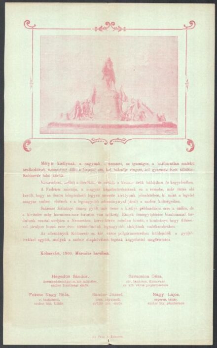 1900 Kolozsvár Mátyás király szobor adománygyűjtő felhívás 22x34 cm